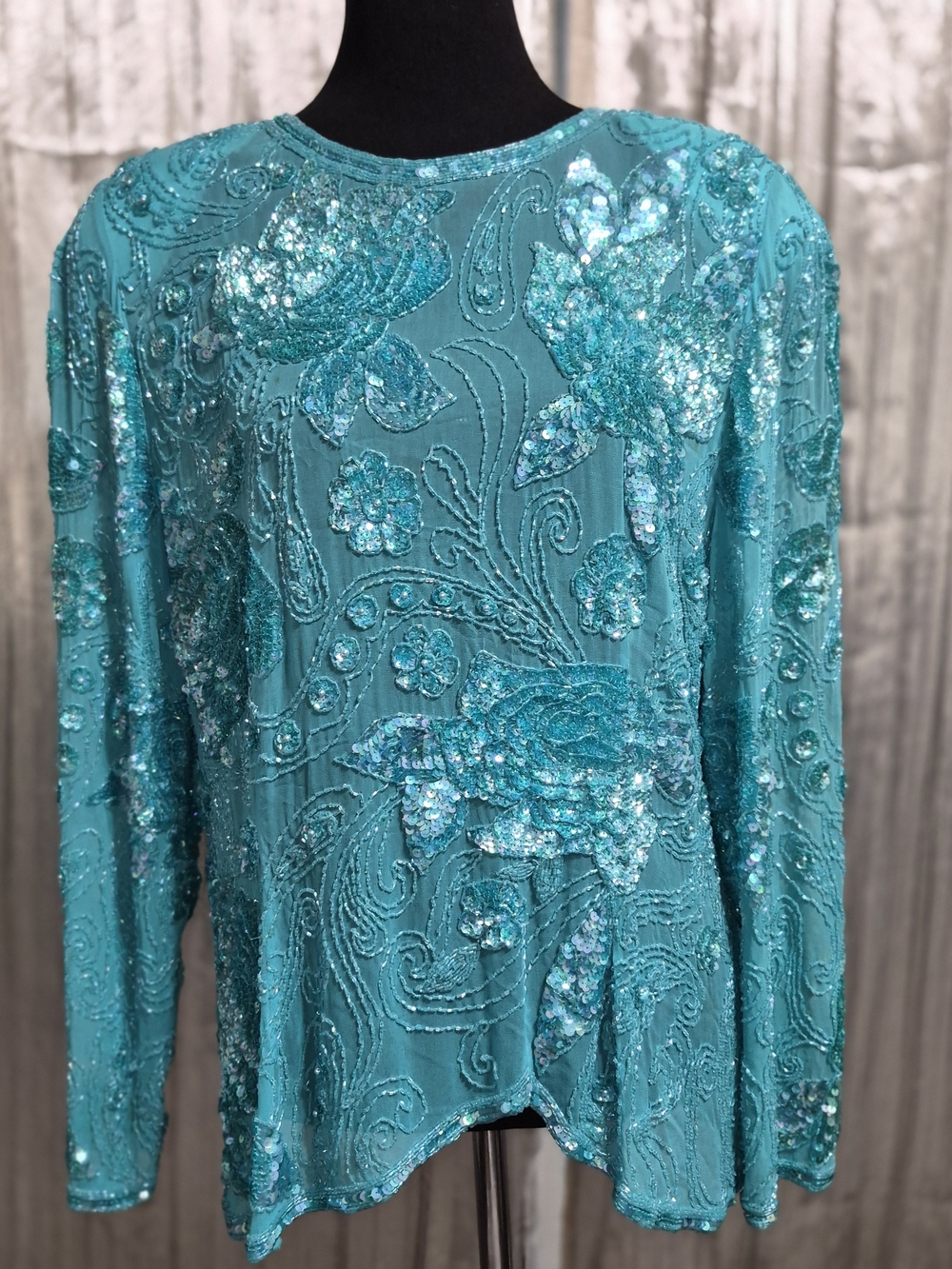 Vintage 80s Nite Line Sequin Top with Flower Beading - Long Sleeve